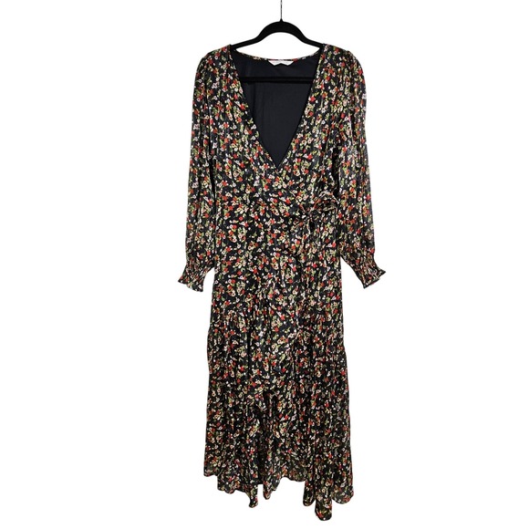 LC Lauren Conrad Dresses & Skirts - Lauren Conrad Black Floral Pleated Wrap Midi Dress XL Boho Shimmer Cottagecore